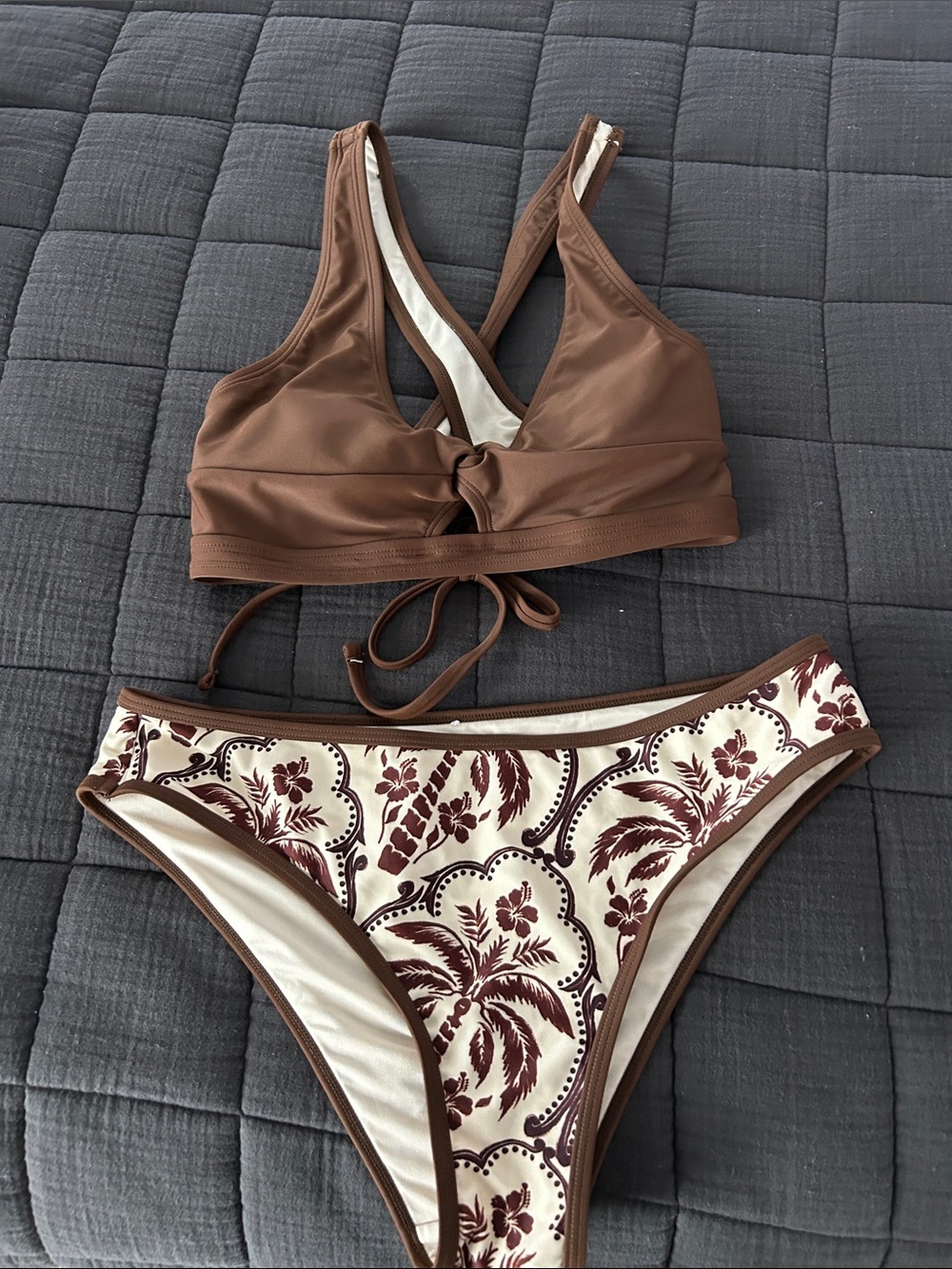 Brown Two-Piece Women's Swim Set with Tropical Print